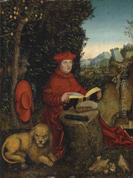 Cardinal Albrecht Von Brandenburg As Saint Jerome In A Landscape Oil Painting by Lucas Cranach the Elder