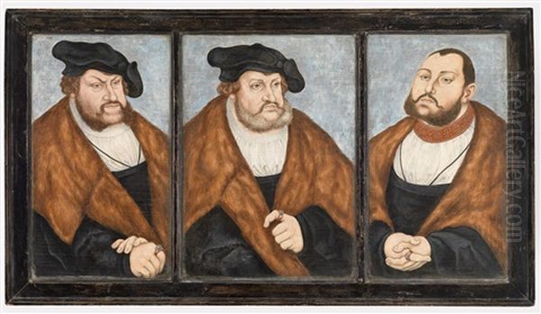 Die Drei Kurfursten Von Sachsen: Friedrich Der Weise, Johann Der Bestandige Und Johann Friedrich Der Grosmutige, Ruckseitig Das Kursachsische Wappen (3 Works In 1 Frame) Oil Painting by Lucas Cranach the Elder