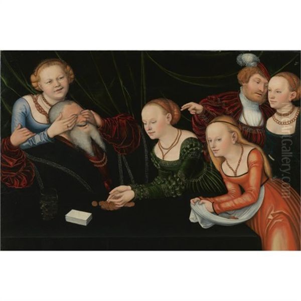 Old Man Beguiled By Courtesans Oil Painting by Lucas Cranach the Elder