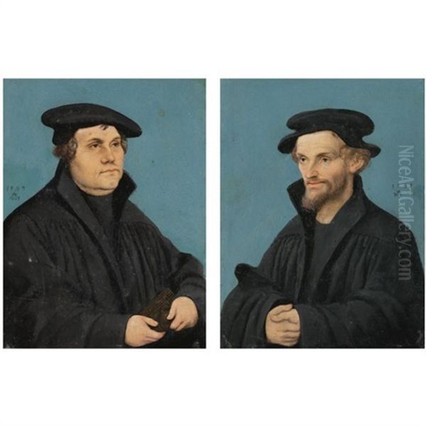 Portrait Of Martin Luther (+ Portrait Of Philip Melanchthon; Pair) Oil Painting by Lucas Cranach the Elder