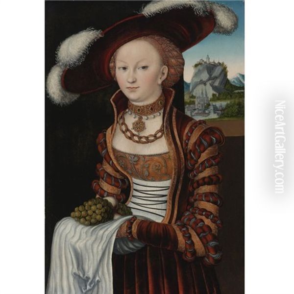 Portrait Of A Young Lady Holding Grapes And Apples Oil Painting by Lucas Cranach the Elder