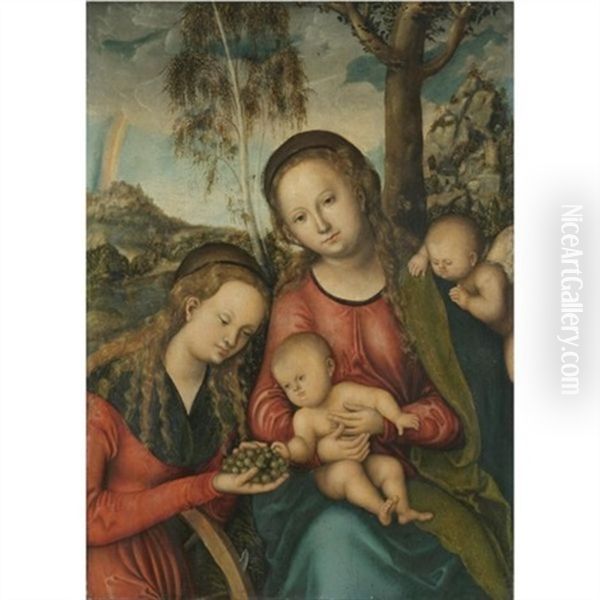 The Virgin And Child With Saint Catherine Holding A Bunch Of Grapes, A Winged Cherub Behind Oil Painting by Lucas Cranach the Elder