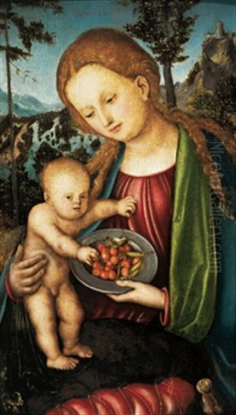 Maria Dem Kind Einen Teller Mit Kirschen Reichend Oil Painting by Lucas Cranach the Elder