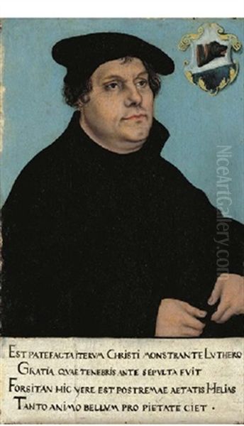 Portrait Of Martin Luther, Half-length, In A Black Coat And Hat Oil Painting by Lucas Cranach the Elder