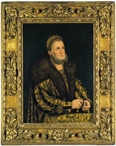 Bildnis Des Kurfursten Friedrich Des Weisen Von Sachsen In Pelzverbramter, Goldfarbener, Bestickter Robe Oil Painting by Lucas Cranach the Elder