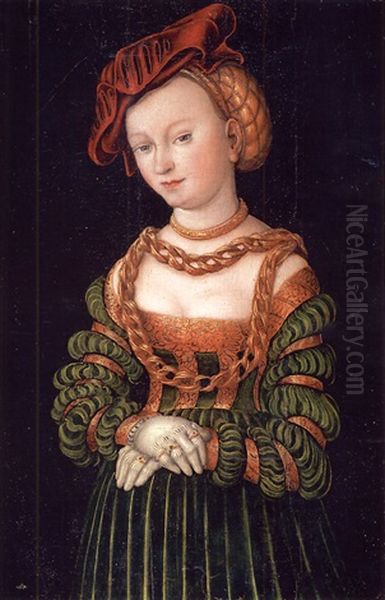 Portrait Of A Young Woman As A Court Beauty, Wearing A Red Cap And A Green Dress Trimmed With Gold, Her 
Decolletage Bedecked With Gold Chains Oil Painting by Lucas Cranach the Elder