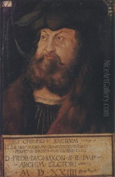 Portrait Of Frederick The Wise, Elector Of Saxony, In A Black Costume With A White Collar, A Fur Coat And A Black Hat Oil Painting by Lucas Cranach the Elder