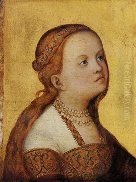 A Lady In A White Dress Decorated With Gold Trim And Seed Pearls Oil Painting by Lucas Cranach the Elder