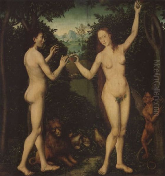 Adam And Eve In The Garden Of Eden - The Taking Of The Forbidden Fruit Oil Painting by Lucas Cranach the Elder