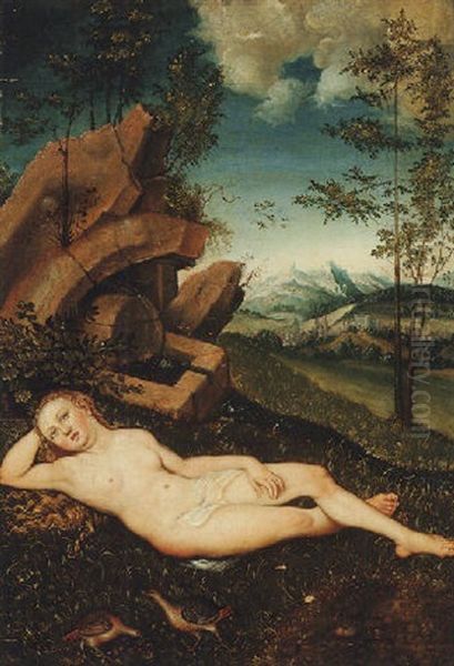 A Water Nymph Reclining In A Landscape Oil Painting by Lucas Cranach the Elder