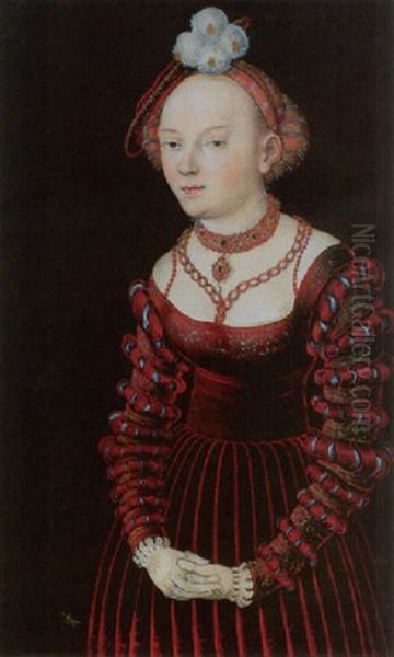 Portrait Of A Young Lady Dressed In A Red Velvet Dress And Wearing A Plumed Cap Oil Painting by Lucas Cranach the Elder