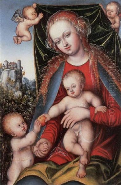 The Madonna And Child Before A Canopy Held By Putti, A Landscape Beyond Oil Painting by Lucas Cranach the Elder