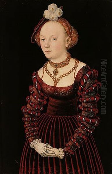 Portrait Of A Young Lady, Standing, Dressed In A Red Velvet Dress And Wearing A Plumed Cap Oil Painting by Lucas Cranach the Elder