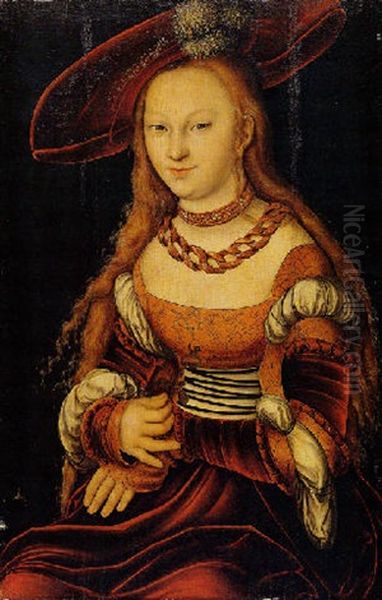 Portrait Of A Young Lady Wearing A Red And Orange Dress And A Wide-brimmed Plumed Hat, Holding A Flower Oil Painting by Lucas Cranach the Elder