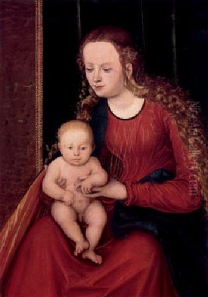 Maria Mit Dem Kind Vor Einem Dunkelgrunen Samtvorhang Oil Painting by Lucas Cranach the Elder