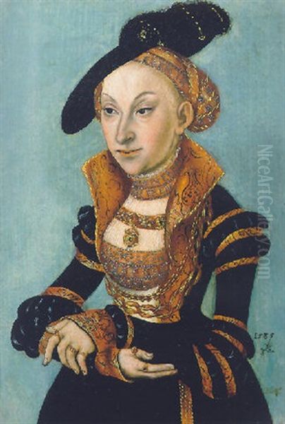 Portrait Of Sibylle Von Cleve, Electress Of Saxony, Wearing An Elaborate Black Dress And A Black Feathered Hat Oil Painting by Lucas Cranach the Elder