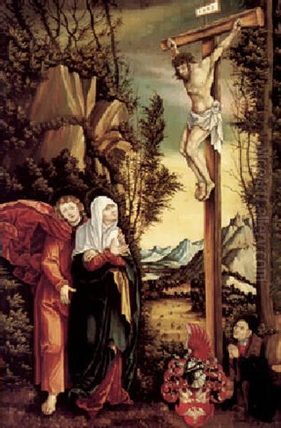 A Rocky Landscape With Christ On The Cross, Mourned By Saint John The Evangelist And The Virgin, And A Donor Oil Painting by Lucas Cranach the Elder