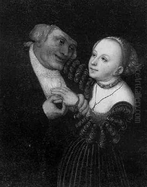 A Young Woman With An Old Man Oil Painting by Lucas Cranach the Elder