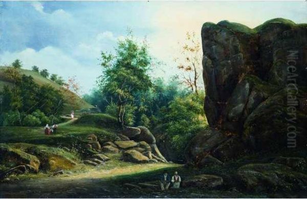 Paysage Au Rocher Anime De Personnages. Oil Painting by Gaspard Anrioud