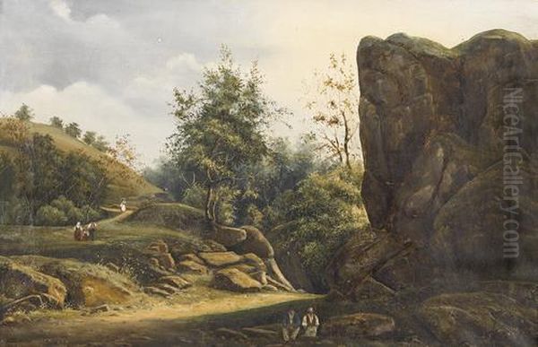 Landschaftspartie Mit Fels Und Figurenstaffage. Oil Painting by Gaspard Anrioud