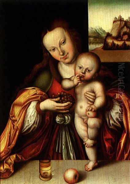 The Virgin And Child With A Landscape Seen Through A Window Oil Painting by Lucas Cranach the Elder