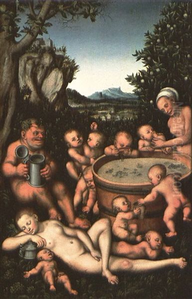 Bacchus At The Wine Tub Oil Painting by Lucas Cranach the Elder