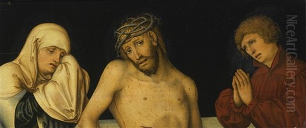 Christ As The Man Of Sorrows Together With The Virgin And Saint John Oil Painting by Lucas Cranach the Younger