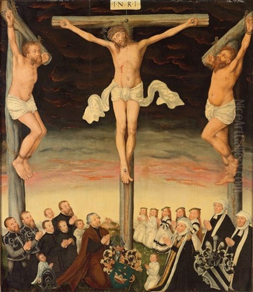 Christus Am Kreuz Mit Stiftern Und Ihren Wappen Oil Painting by Lucas Cranach the Younger