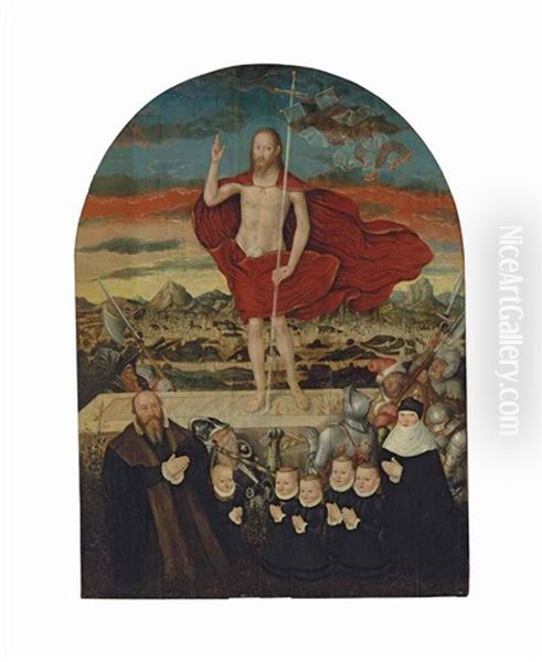 An Epitaph: The Resurrected Christ With A Donor Family Oil Painting by Lucas Cranach the Younger