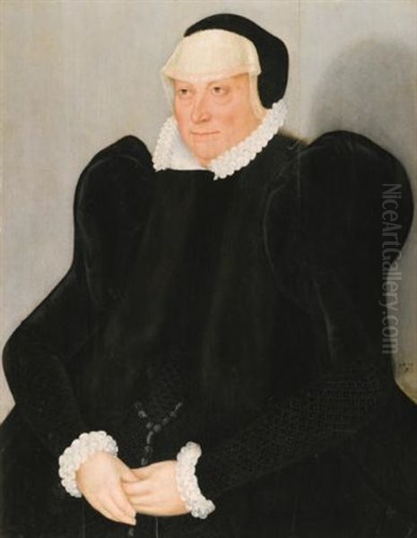 Portrait Of A Lady, Half-length, In A Black Dress With A White Lace Collar And Cuffs Oil Painting by Lucas Cranach the Younger