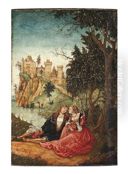 A Wooded River Landscape With An Amorous Couple At Rest Under A Tree, A Fortified Castle Beyond Oil Painting by Lucas Cranach the Younger