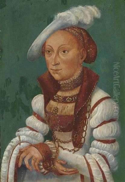 Portrait Of Sibylle Von Cleve, Electress Of Saxony (1510-1554), Half- Length, In A White Dress With Bands Of Gold And A White Feathered Hat Oil Painting by Lucas Cranach the Younger