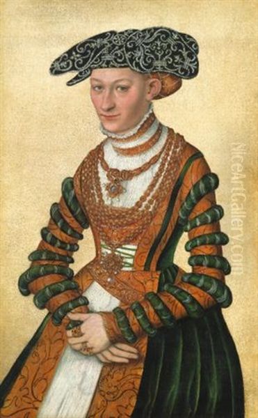 Portrait Of A Lady, Three-quarter Length, In A Green Velvet And Orange Dress And A Pearl-embroidered Black Hat Oil Painting by Lucas Cranach the Younger