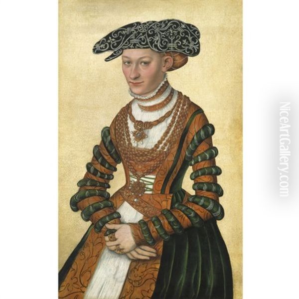 Portrait Of A Lady, In A Green Velvet And Orange Dress And A Pearl-embroidered Black Hat Oil Painting by Lucas Cranach the Younger