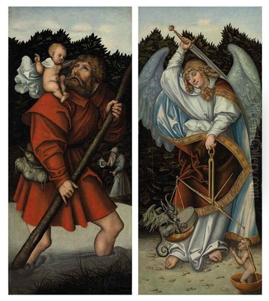 Saint Christopher Carrying The Christ Child (+ The Archangel Michael Holding The Scales Of Justice; 2 Works) Oil Painting by Lucas Cranach the Younger