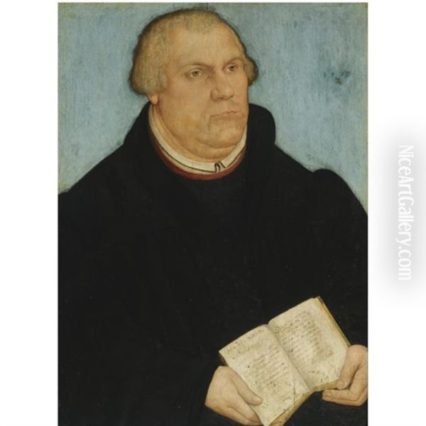 Portrait Of Martin Luther In A Black Robe, Holding A Prayer Book Oil Painting by Lucas Cranach the Younger