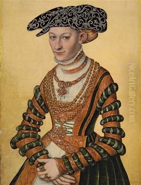 Portrait Of A Lady In A Green Velvet And Orange Dress And A Pearl-embroidered Black Hat Oil Painting by Lucas Cranach the Younger