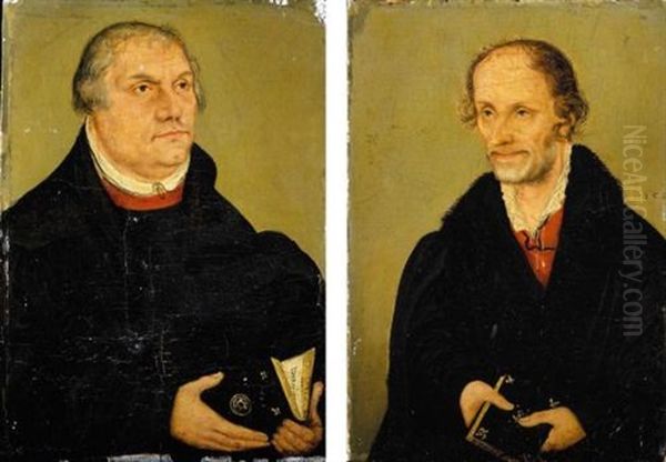 Portrait Of Martin Luther, Half Length, Holding A Prayer Book (+ Portrait Of Philip Melanchthon, Half Length, Holding A Prayer Book; Pair) Oil Painting by Lucas Cranach the Younger