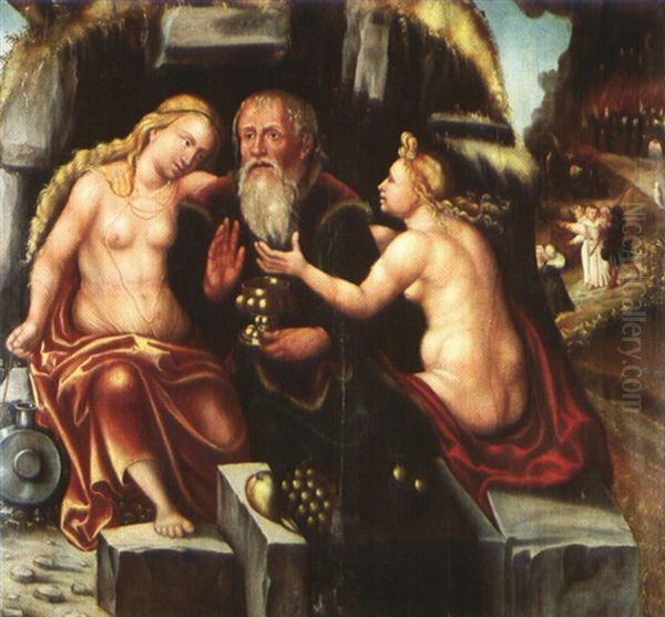 Lot Und Seine Tochter, Im Hintergrund Das Brennende Sodom Oil Painting by Lucas Cranach the Younger