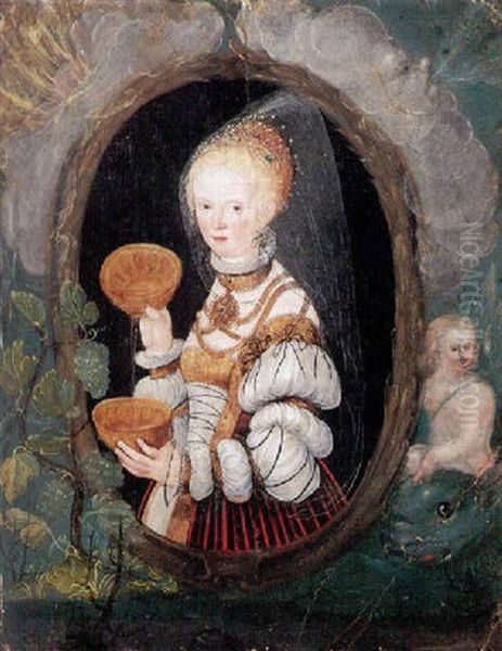 Portrait Of A Lady Carrying Two Golden Vessels In A Feigned Oval And Flanked By Symbols Of The Four Elements Oil Painting by Lucas Cranach the Younger