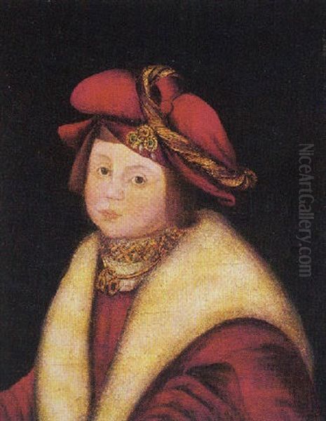 Portrait Of A Young Boy Wearing A Red Jacket And Hat, With A White Mantle Oil Painting by Lucas Cranach the Younger