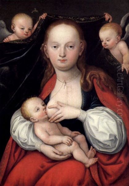 Maria Mit Dem Kinde Vor Einem Von Zwei Engeln Getragenen Vorhang Oil Painting by Lucas Cranach the Younger