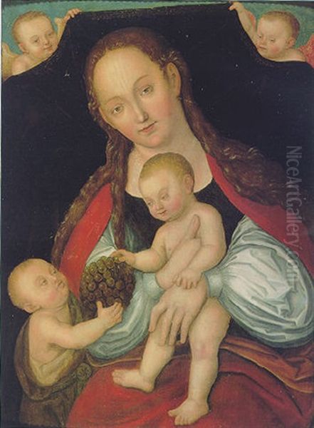 The Virgin And Child With The Infant St. John Proferring A Bunch Of Grapes And Two Angels Oil Painting by Lucas Cranach the Younger