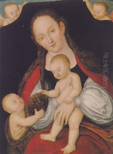 The Virgin And Child With The Infant St. John Proffering A Bunch Of Grapes And Two Angels by Lucas Cranach the Younger