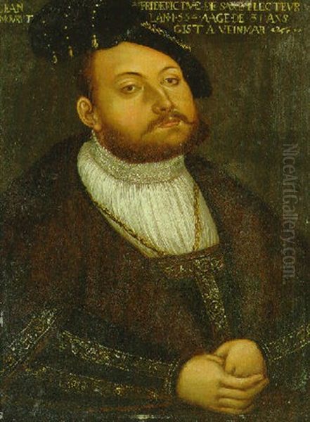 Portrait Of Johann Friedrich, Elector Of Saxony, Half-length, In A White Shirt And A Gold Embroidered Coat With A Fur-lined Collar Oil Painting by Lucas Cranach the Younger