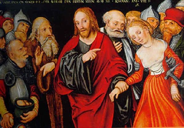 Christ And The Woman Taken In Adultery Oil Painting by Lucas Cranach the Younger