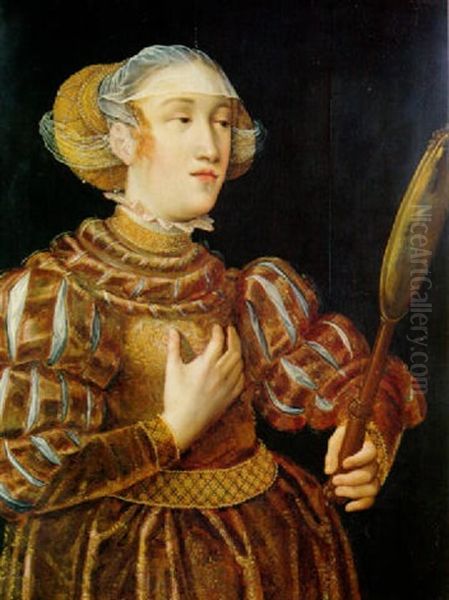 Portrait Of A Noble Woman, Standing Three-quarter Length, Holding A Mirror Oil Painting by Lucas Cranach the Younger