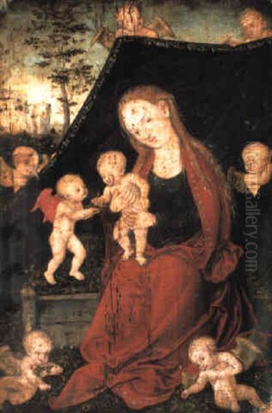 The Virgin And Child Enthroned In A Garden With Adoring Putti Oil Painting by Lucas Cranach the Younger