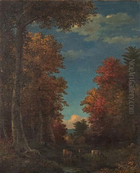 Fall Lanscape With Cows And Figures Oil Painting by Christopher Pearce Cranch