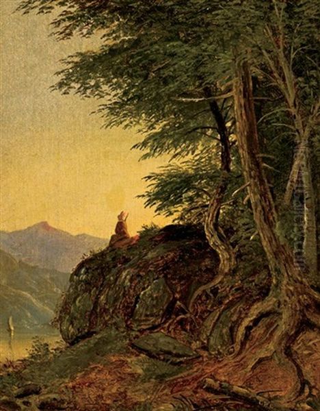 Indian Overlooking A River Oil Painting by Christopher Pearce Cranch